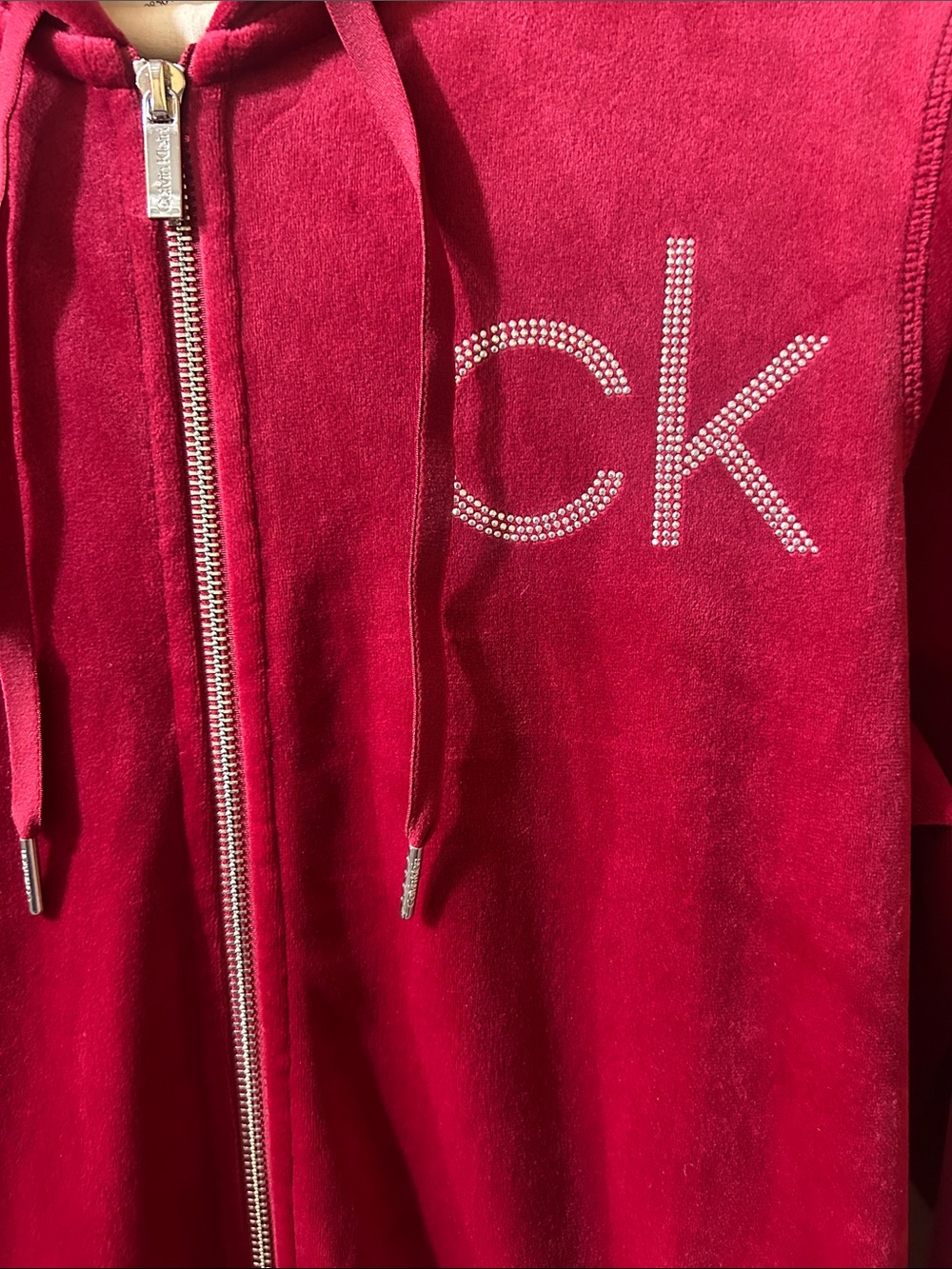 Calvin Klein Deep Red Velour Zip Hoodie with Crystal CK - Picture 3 of 6